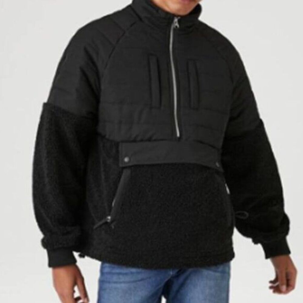 Forever 21 Men's Half-Zip Puffer Jacket Faux Shearling Raglan Large Black $79